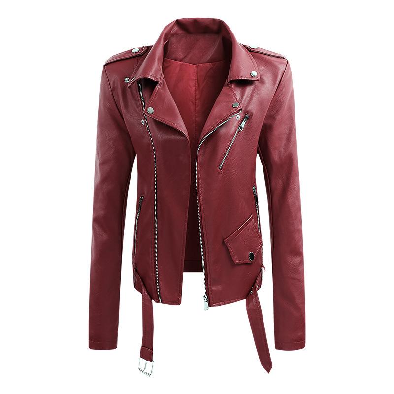 European Spring Women's Short Leather Motorcycle Jacket with Lapel Collar