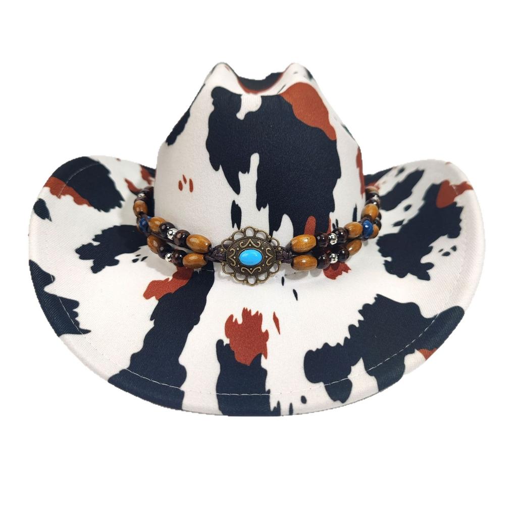 Jednosłowny Wzór Krowy Kapelusz Kowbojski Western Europejski i Amerykański Retro Słynny Styl Cylinder Akcesoria z Drewnianych Koralików Wszechstronny Kapelusz Jazzowy