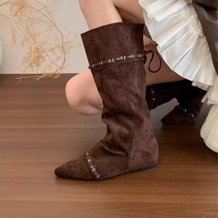 

Wasteland Spice Girls Inner Heightening Western Cowboy Boots Women s Autumn and Winter Pile Boots Lace-up Skinny Knee Boots 35 коричневый