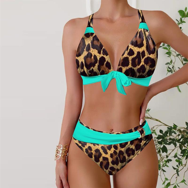 Women's Swimwear Bikini 2 Piece Swimsuit Backless Halter Beach Wear Black Leopard Print Print Bathing Suits Hanging Neck Swimsuit