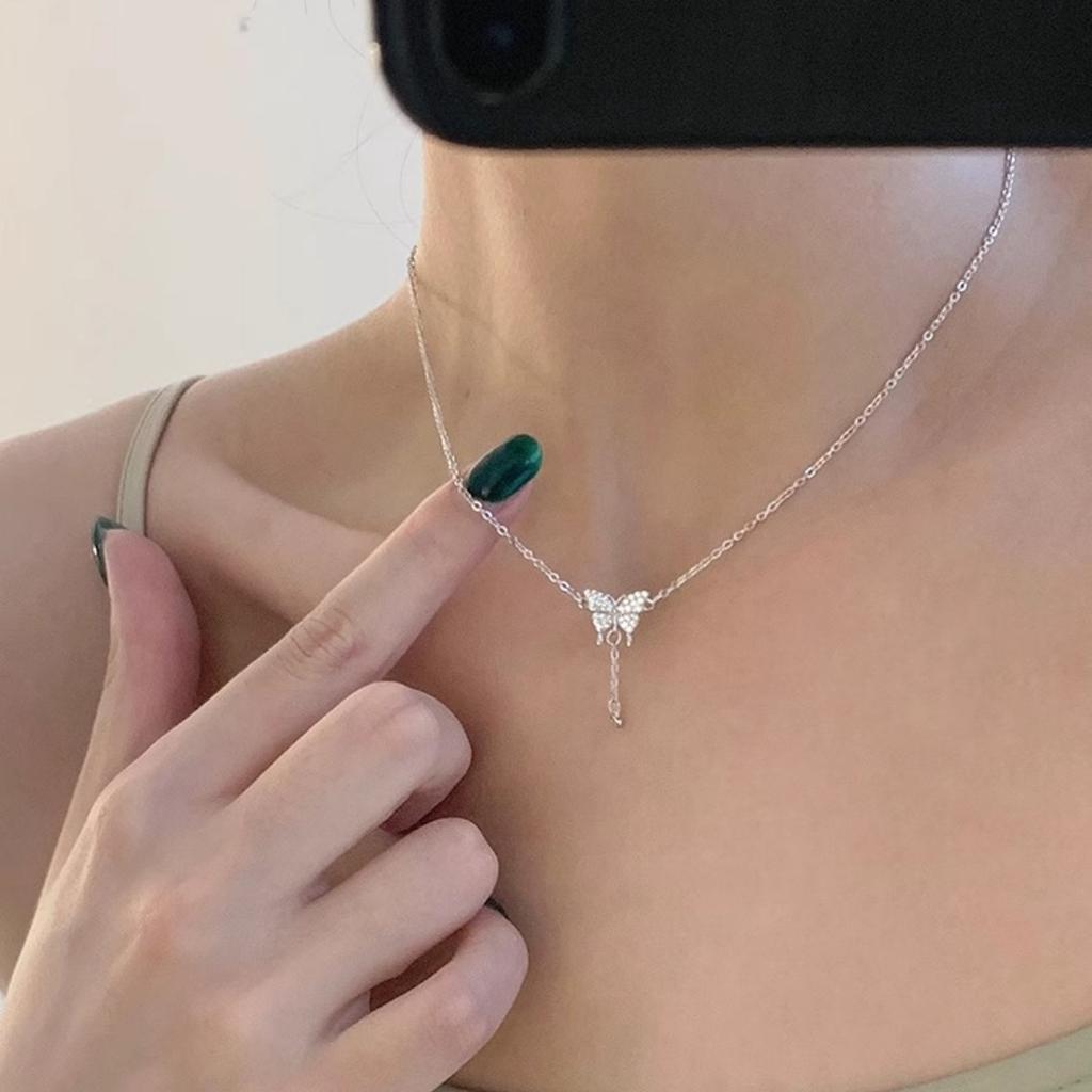 Korean Simple and Exquisite Flash Diamond Butterfly Necklace Personalized Neck Chain Full of Diamonds Zircon Collarbone Chain Tide