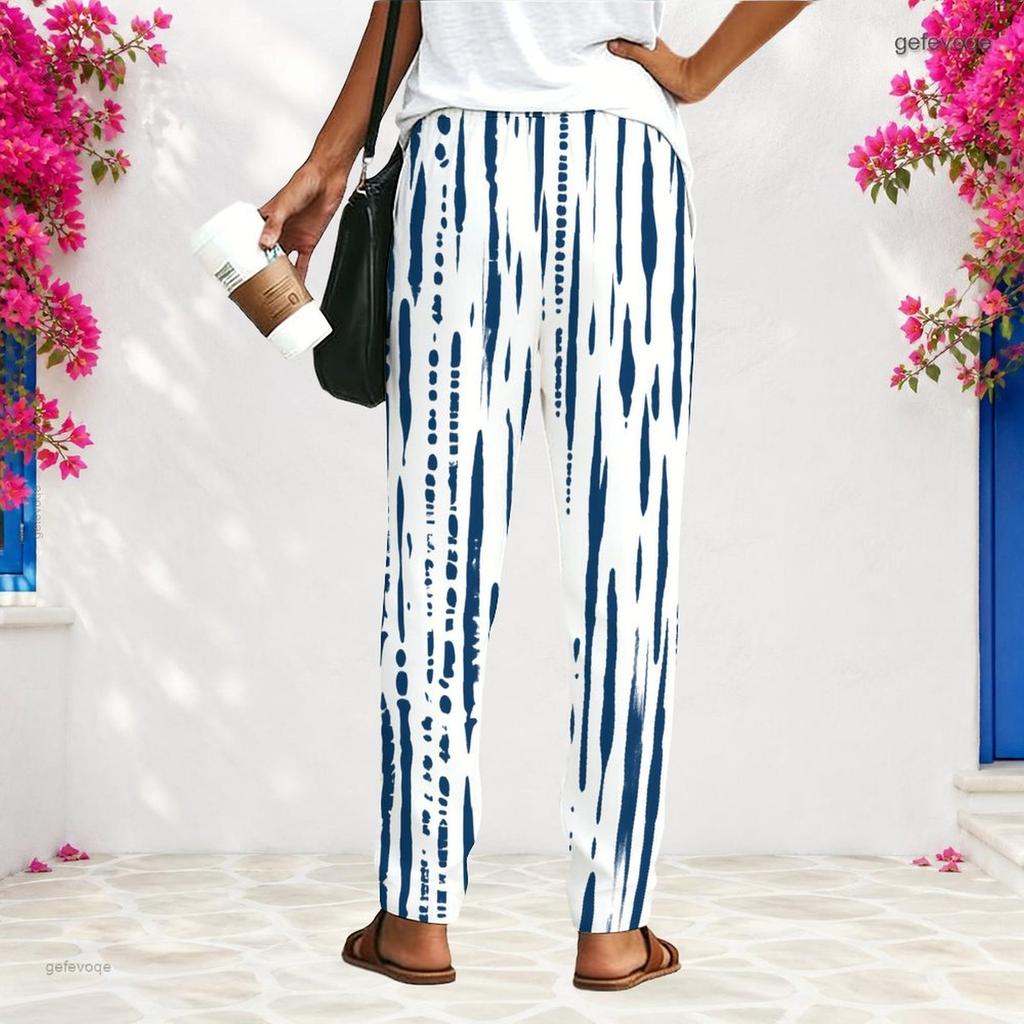 Women Plus Size Loose Straight Long Pants Blue White Printed With Pockets