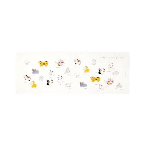 Yamamoto Jin Shoten (Official) Double Gauze Tenugui Fukukoi Twelve Zodiac Signs, Made in Japan, Designed by Isabelle Bonneau, Highly Absorbent, 100%