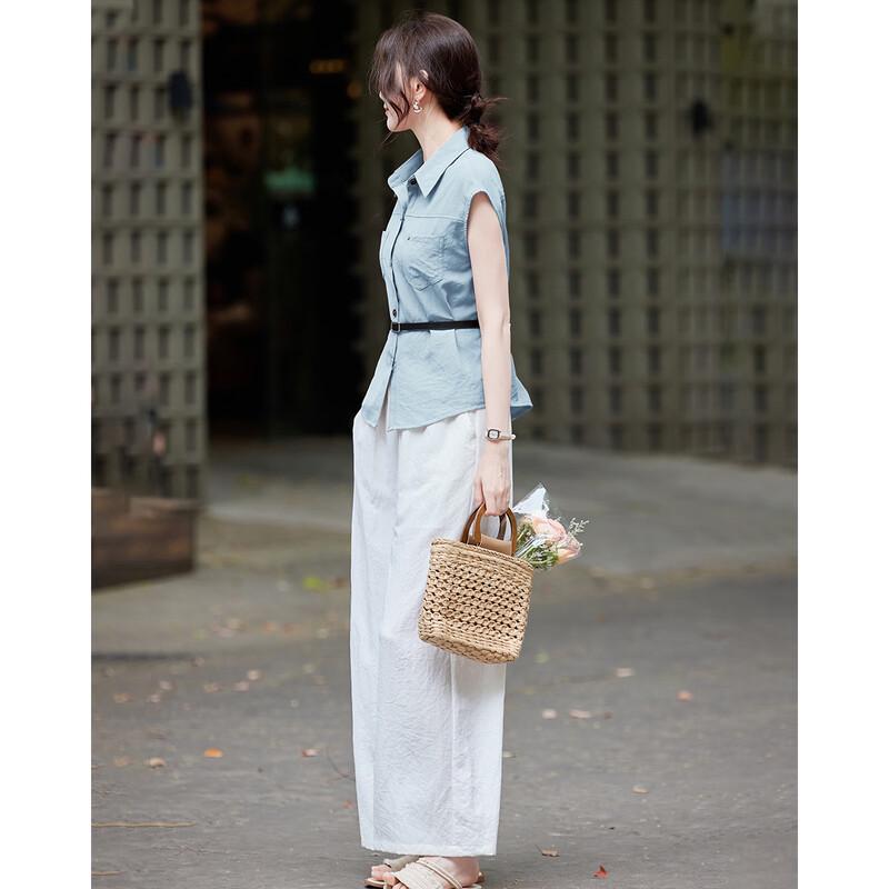 TERRE BLEUE Women's Summer Short Sleeve Shirt & Casual Pants Set