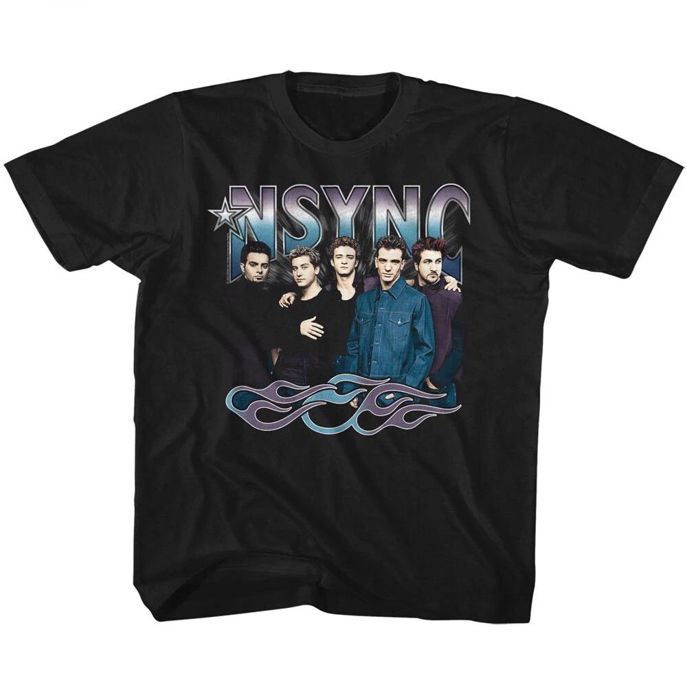 NSYNC Group Photo Cool Tones & Flames Youth T Shirt Dance Pop Music Merch 3XL