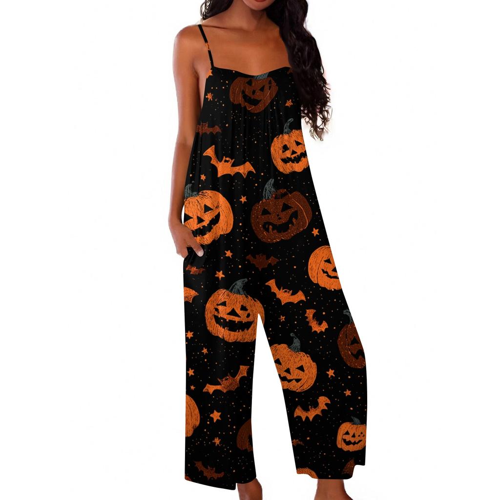 Womens Halloween Print Casual Loose Fit Jumpsuit Spaghetti Strap Wide Leg Romper One Piece Outfit for Everyday Wear