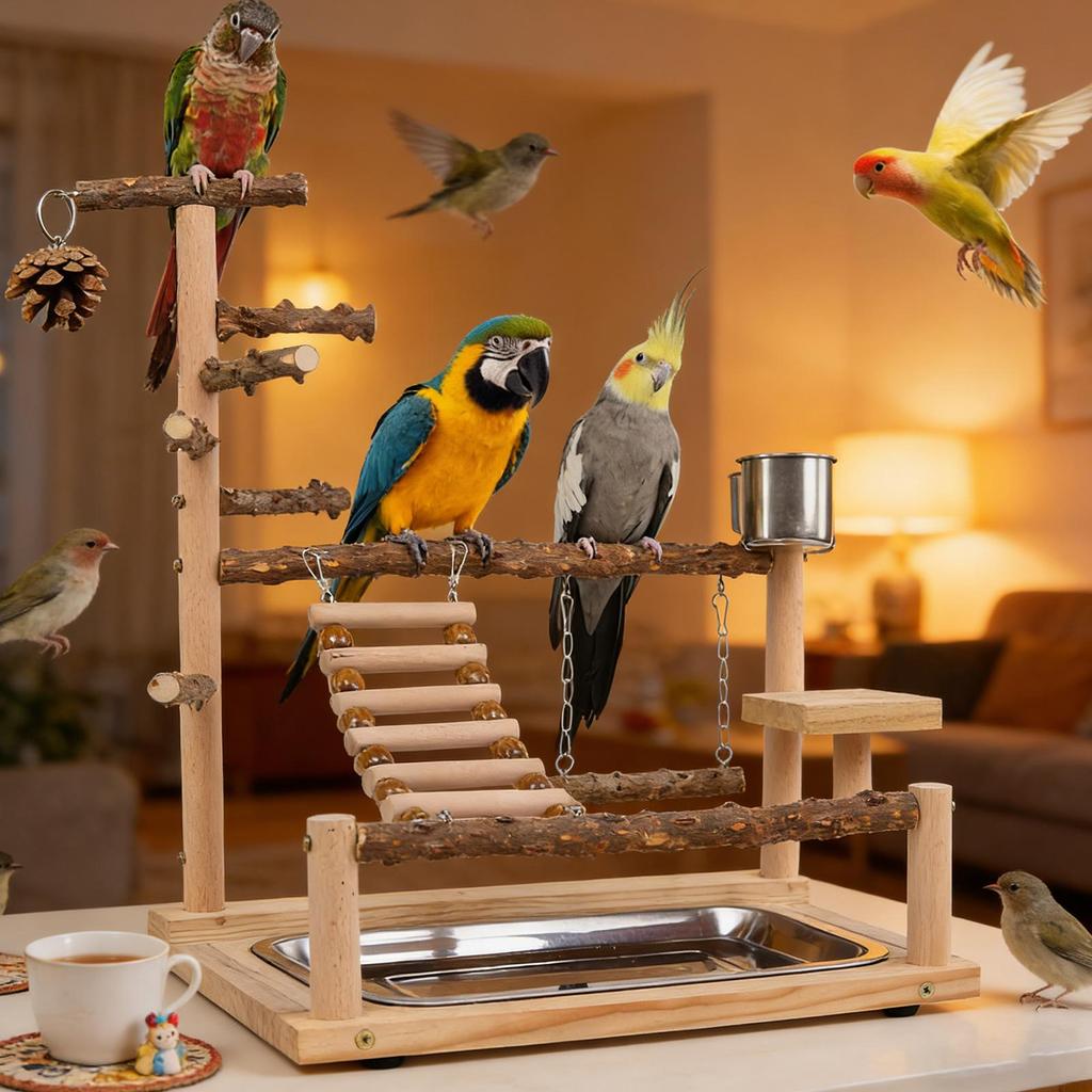 Bird Playground Wooden Play Gym Parakeet Swing With Stainless Steel Cup And Tray For Cockatiel Conure Finch Lovebird Exercise