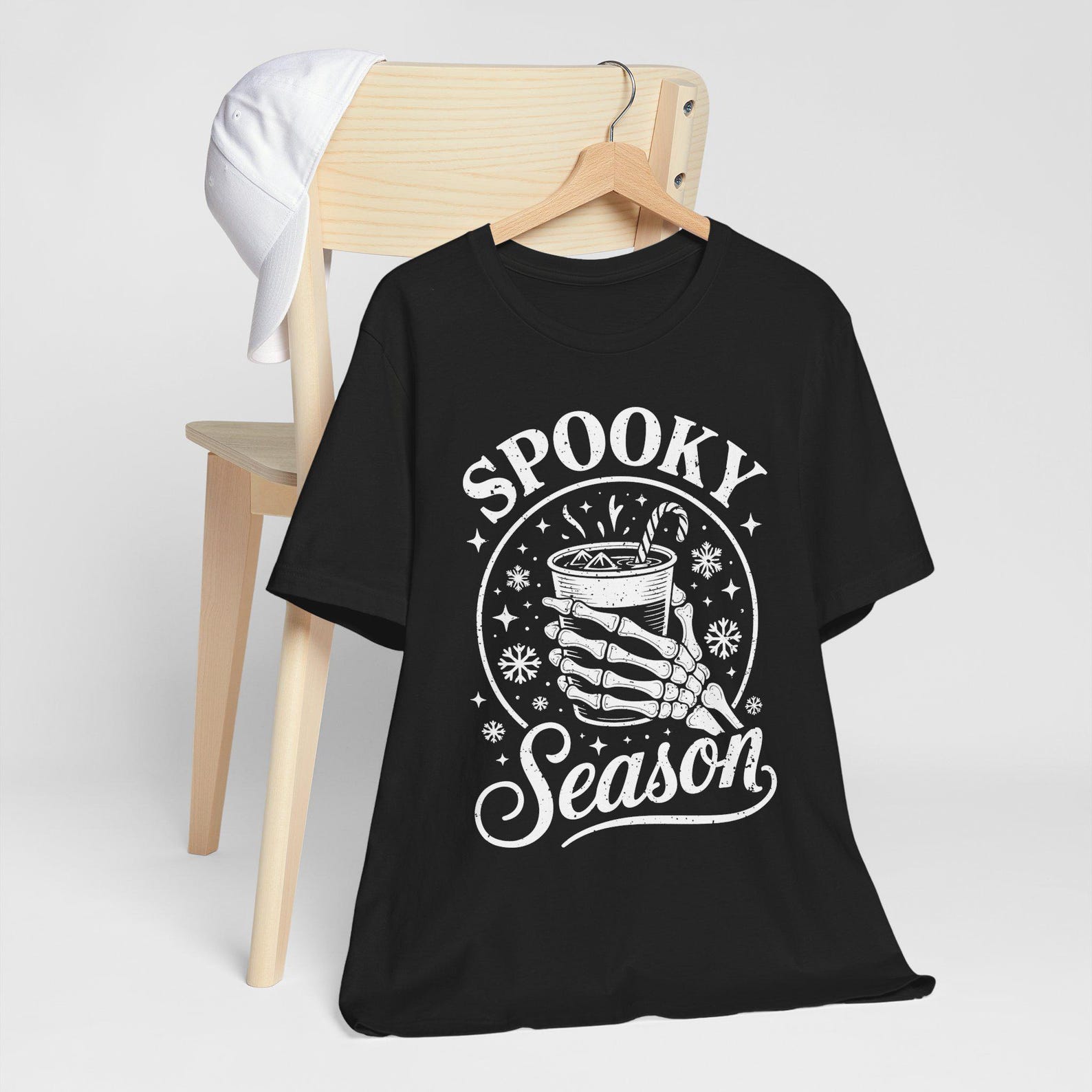 Spooky Season Iced Coffee Shirt, Skeleton Hand Holiday Goth Tee, Funny Halloween Christmas T-Shirt, Candy Cane Winter Drink Gift 2XL