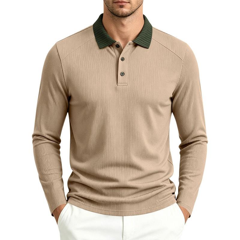Men S Long Sleeve Polo Shirt Ribbed Collar Solid Color Casual Spring Autumn