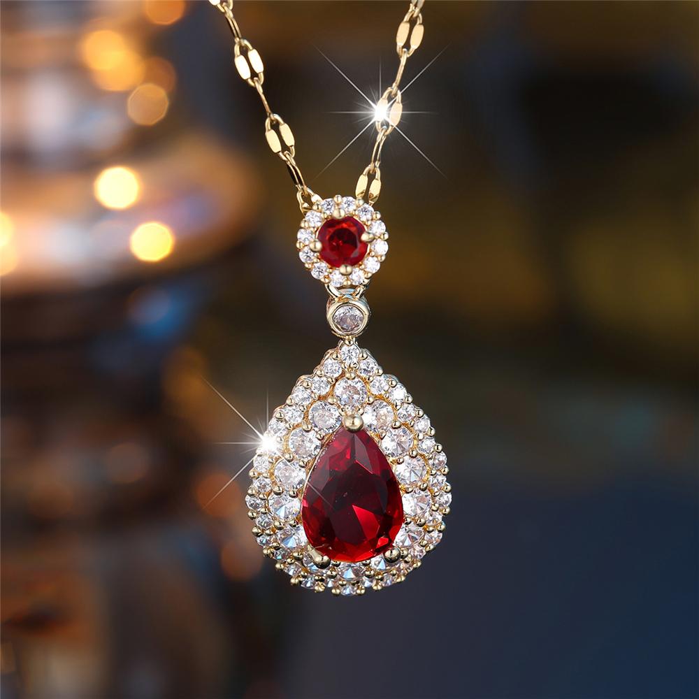 Luxury Female Crystal Green Red Zircon Stone Water Drop Pendant Necklace Vintage Silver Color Wedding Jewelry For Women