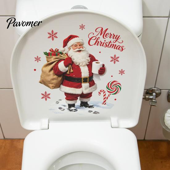 Christmas Party Bathroom Accessories Toilet Stickers, Funny Santa Claus Waterproof Lid Tank Seat Decals, Wall Decals Cistern Self-Adhesive Sticker,