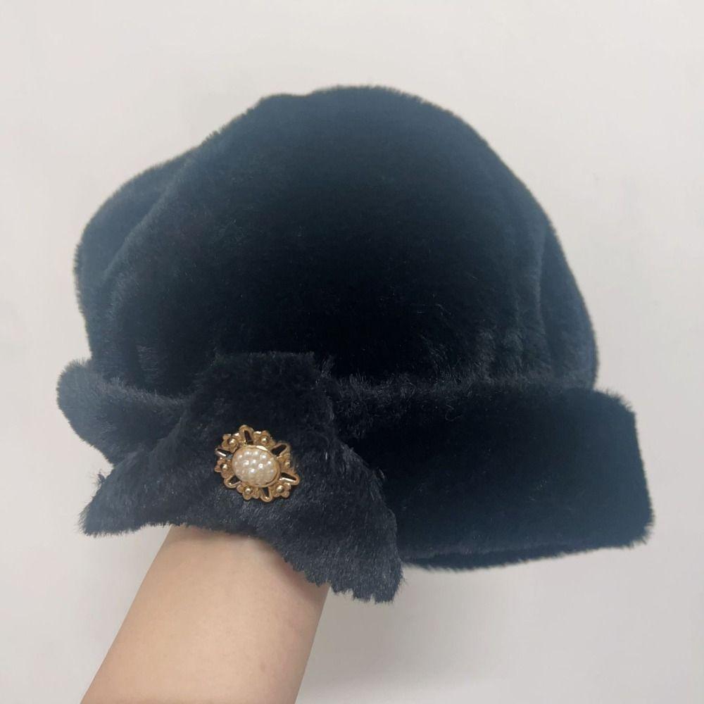 Thickened Bucket Hats Pearl Flower Decor Thermal Hat Solid Color Women Winter Hat  Autumn Winter