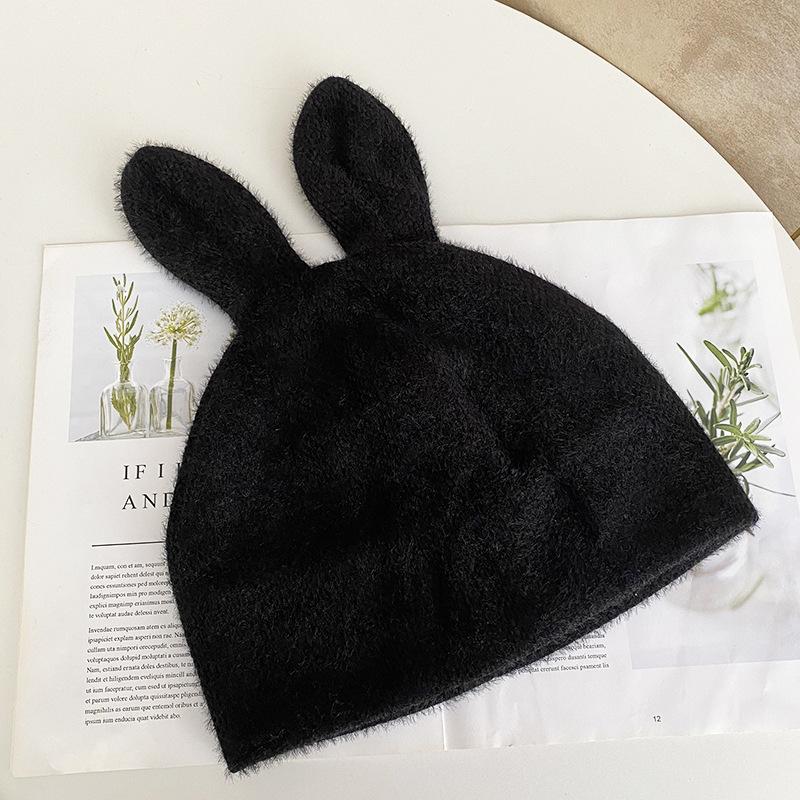 

Back drape rabbit ears wool hat women s winter warm knitted hat Internet celebrity pullover hat tide M（56-58cm） чёрный
