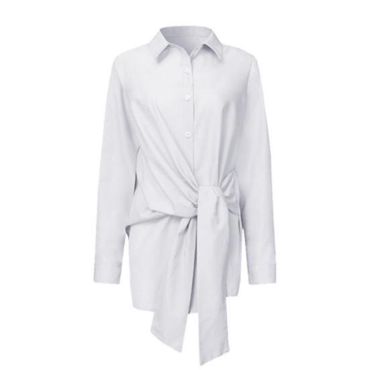 Women Fashion Asymmetric Turn Down Collar Shirt Blouse with Waist Lacing Buttons