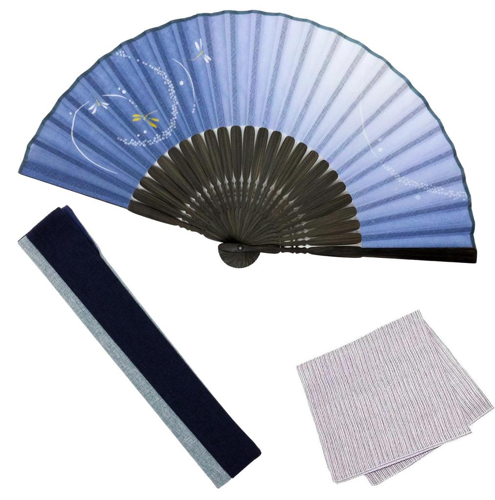 Stylish Business Fan with Fan Bag and Handkerchief Dancing Dragonfly Pattern [Osaka Choseido] Men's Set, (Gray-Blue)