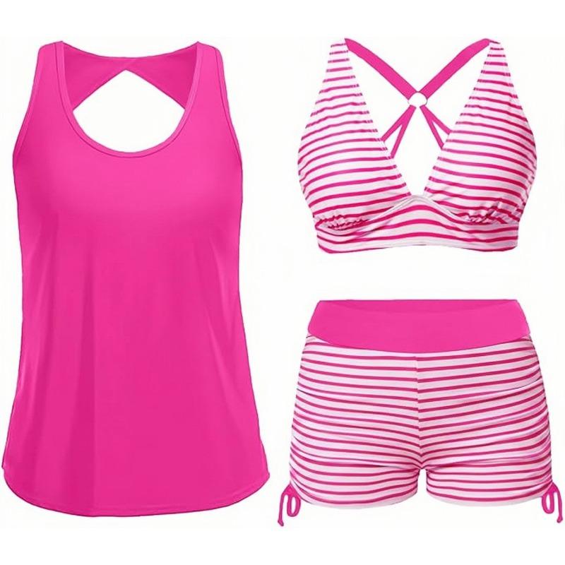 Hollow Back Three-piece Set, Side Adjustable Drawstring Boxers, Split Swimsuit for Women