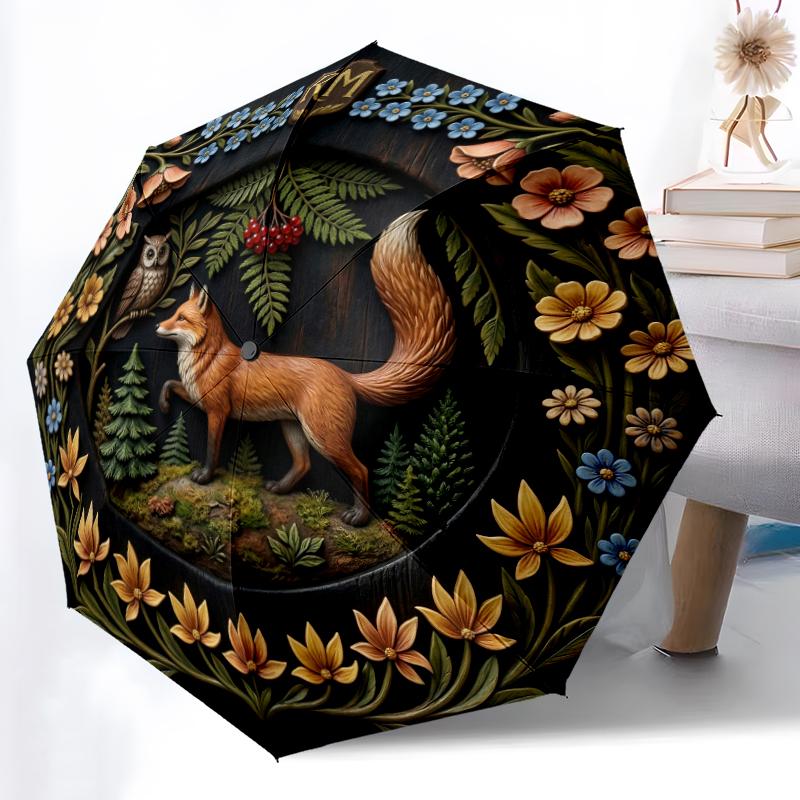1pc Sturdy 8-Bone Auto Umbrella, Fox Umbrella, Digital Printed, Foldable Umbrella for On-the-Go Outdoor Use