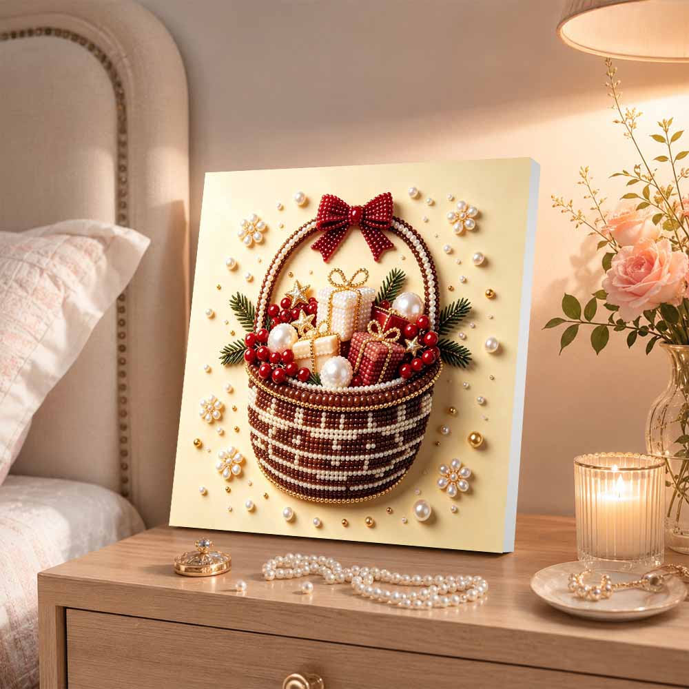 Pearl painting Christmas art kit DIY basket with gift boxes and red berries home decor painting