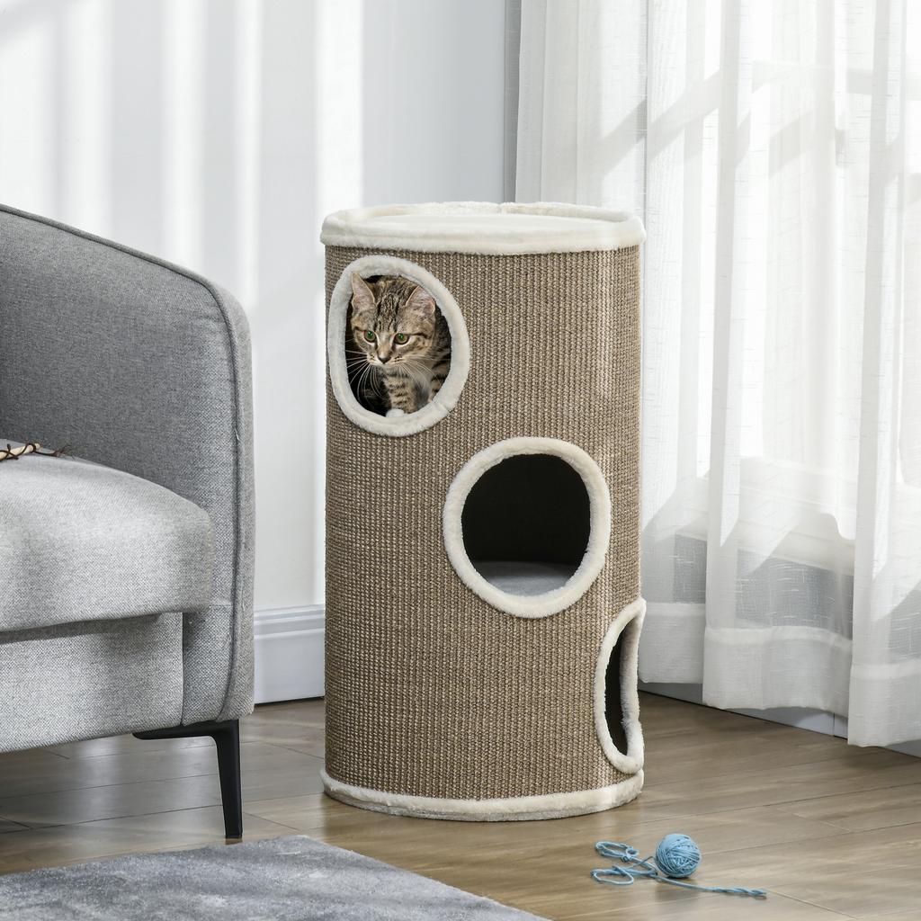 3-Tier Cat House with Sisal and Plush Scratching Post, Ø38x70cm, Brown
