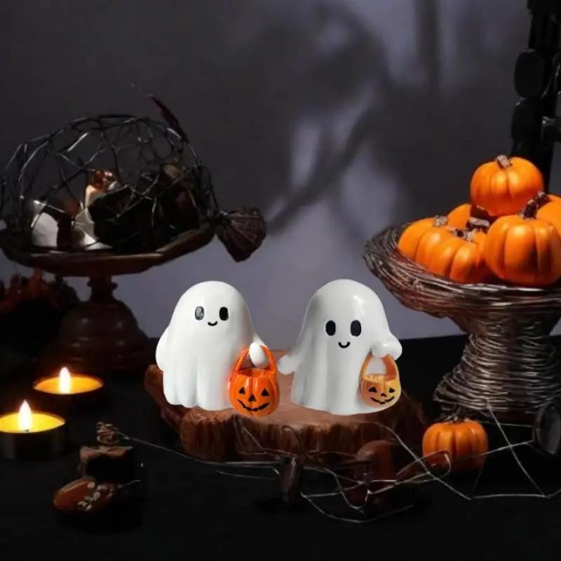Cute Ghost Halloween Statue Resin Pumpkin Holding Spooky Figurine Home Desktop Decor Cute Ghost Ornament for Halloween