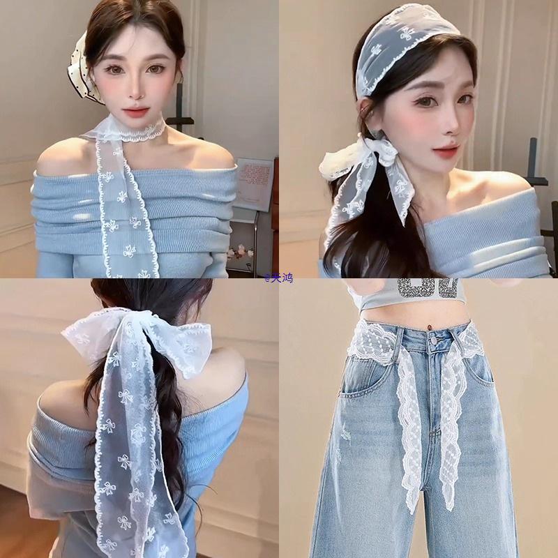 Korean Lace Trim Waist Scarf with Bowknot for Women's Jeans