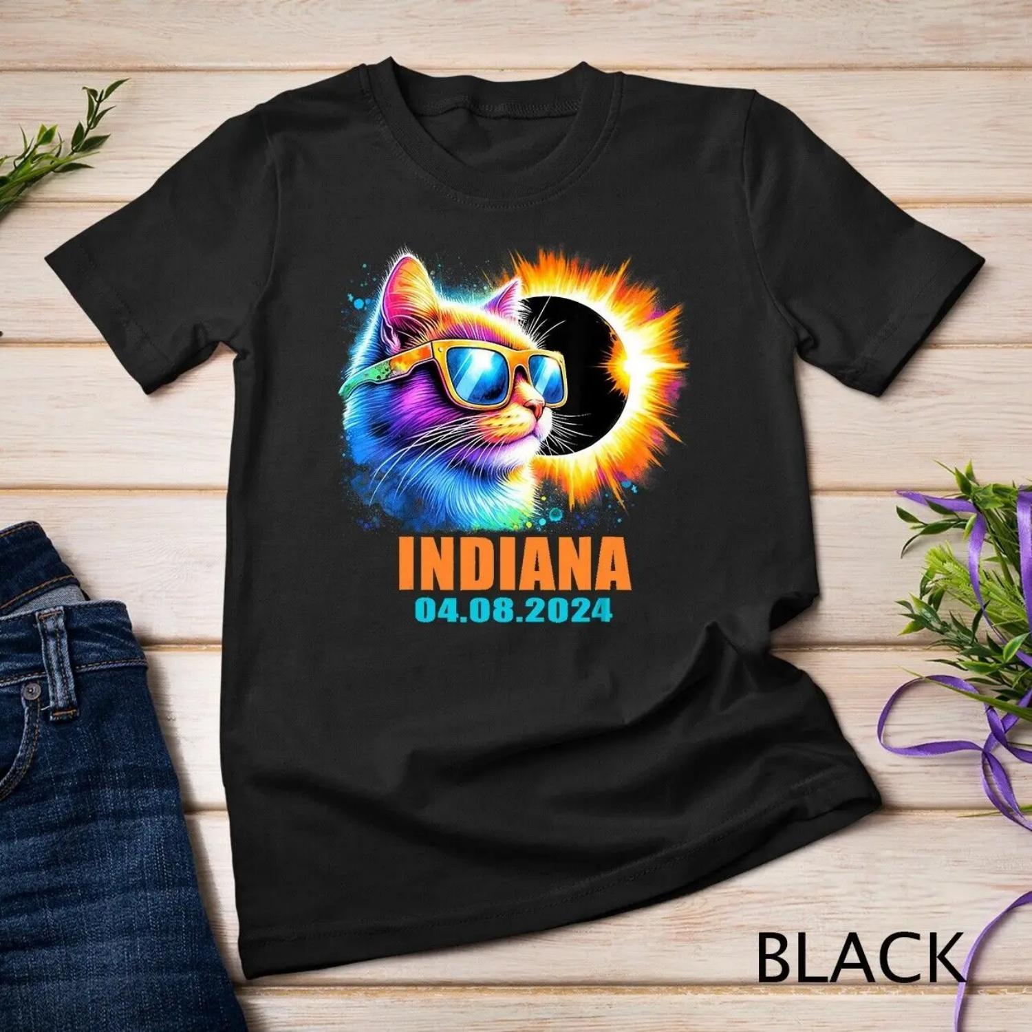 Indiana Total Solar Eclipse 2024 Cat Glasses T shirt S