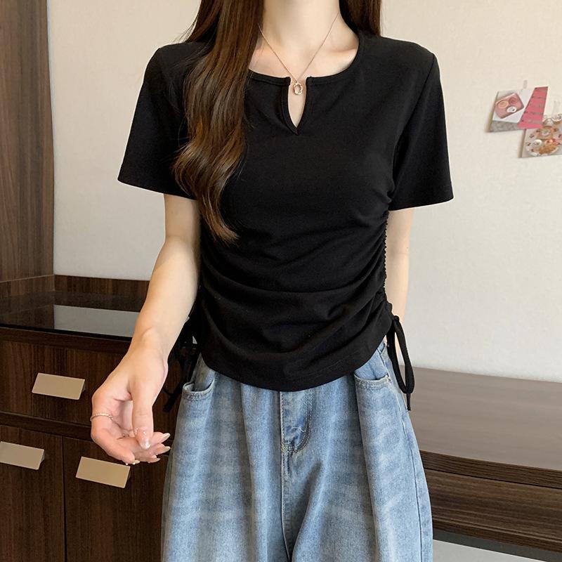 Design-sensual Drawstring Slim Short-sleeved T-shirt with Waist-exposed Sweet and Spicy Style Women's Summer New Sweet Shoulder Top