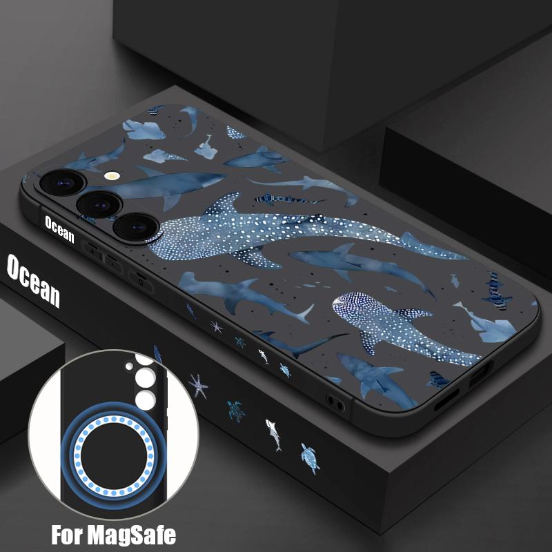 Magnetic Case For Samsung Galaxy S26 S25 S24 Ultra S23 S24 S25 FE For Magsafe Wireless Charge Whale Print Soft TPU Phone Cover