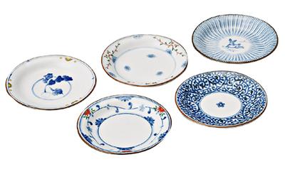 Saikai Pottery Hasami Ware Small Plates, Assorted Dyed Brocade Designs, Gift Box, 12cm Diameter, Set of 5, 31987