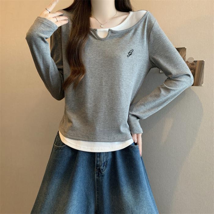 

Women s Autumn/Winter Layered Color Block Long Sleeve T-shirt: Versatile Base or Outer Layer with Elegant Design. Large серый
