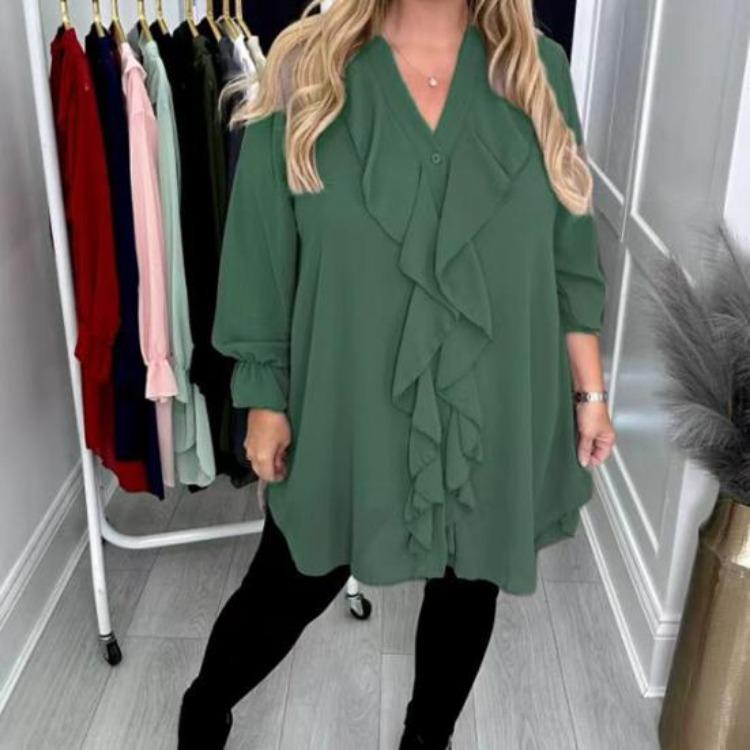 Casual Women Blouse V Neck Loose Fit Long Sleeve Ruffle Trim Solid Color Chiffon Daily Wear Tops