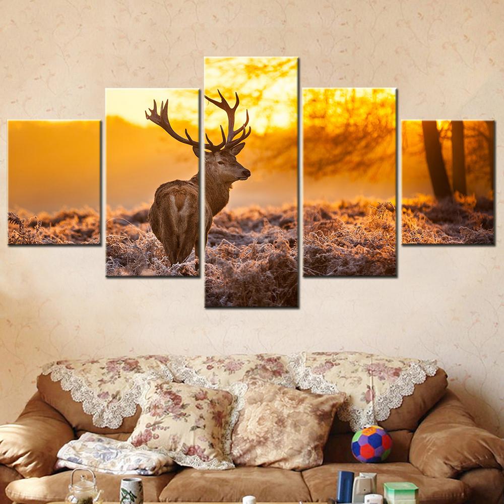 Hirsch Sonnenlicht Wandkunst Leinwand Set Modulare Poster Ästhetische Raumdekoration Moderne Modulare Leinwandbilder für Wohnzimmerdekoration