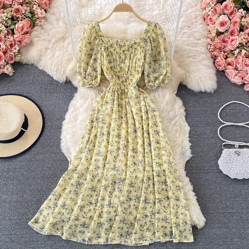 

Шифоновое платье с квадратным вырезом и цветочным принтом, женское летнее платье 2021, новое длинное платье в корейском стиле в стиле ретро
