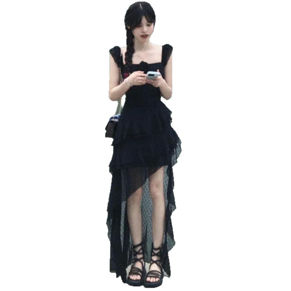French Temperament Waist Dress Women's Summer New Design Irregular Ruffle Edge Suspender Long Trailing Skirt Tide