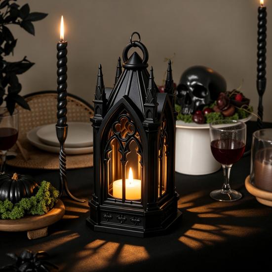 Window Sill Decoration Gothic Cathedral LED Candle Lantern, Church Shaped Flameless Tealight Lamp, Small Gift for Children Spooky Vintage Desktop