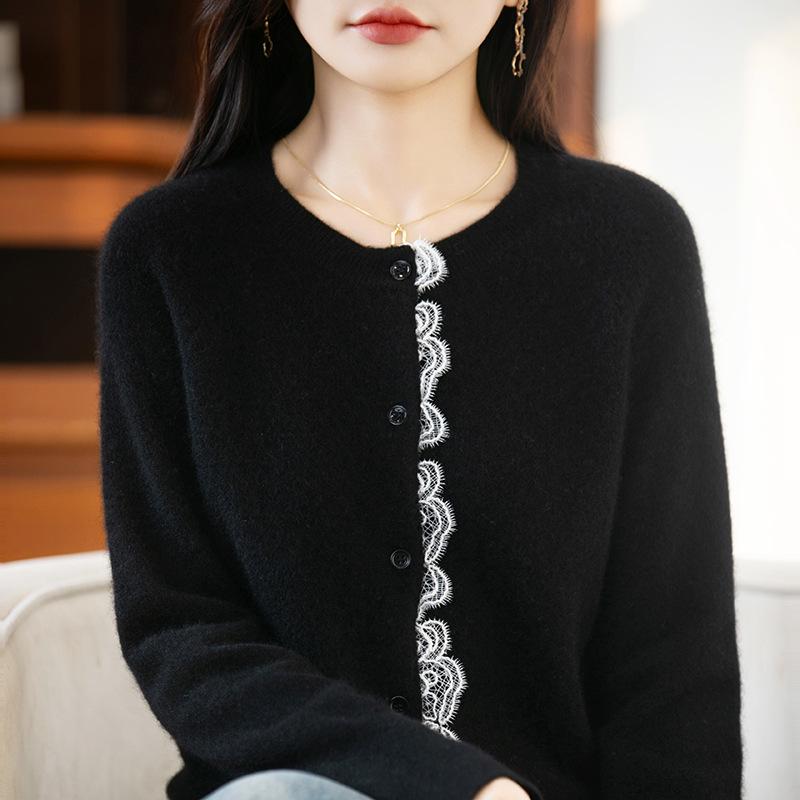 Autumn/Winter Women's 100% Pure Wool Lace Trim Knit Cardigan - Long Sleeve Round Neck Loose Sweater