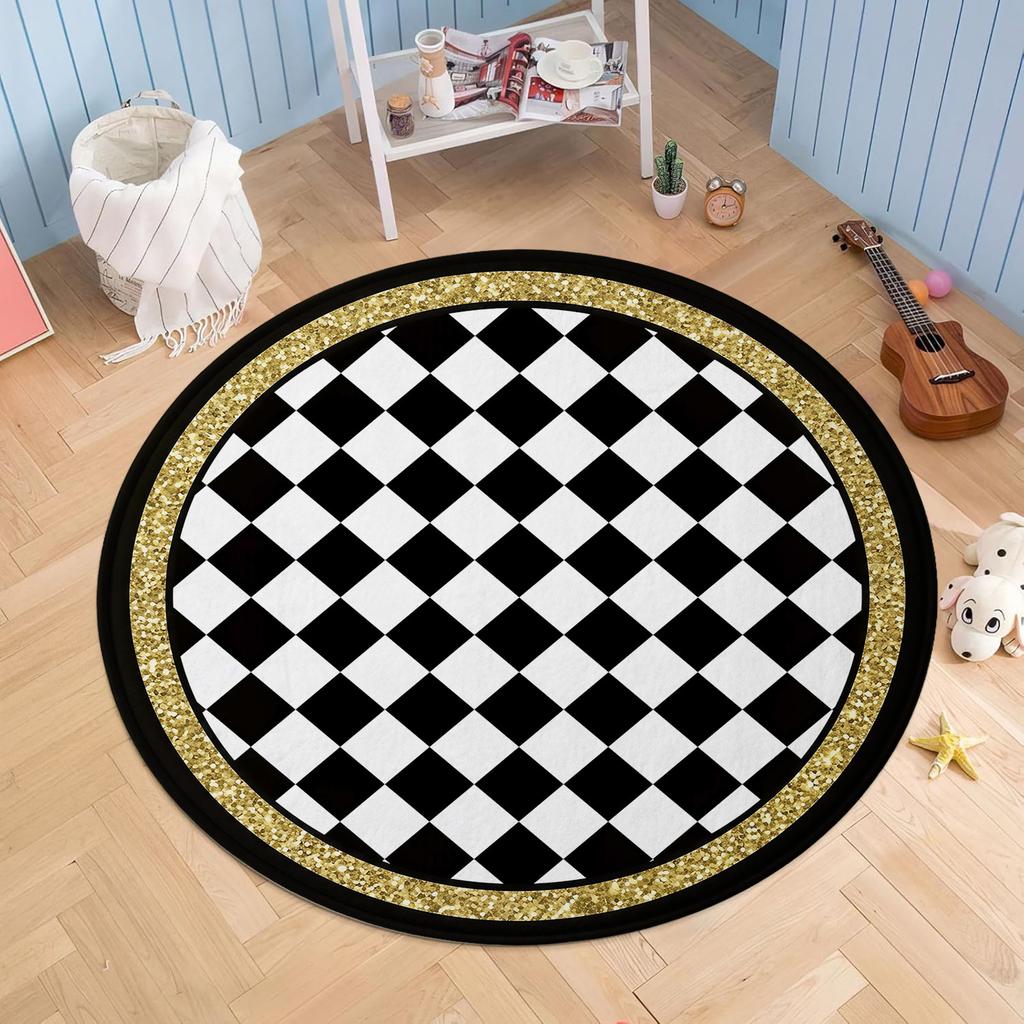 Black & White Checkerboard Round Rug with Gold Trim, Modern Geometric Non-Slip Floor Mat for Entryway & Living Room