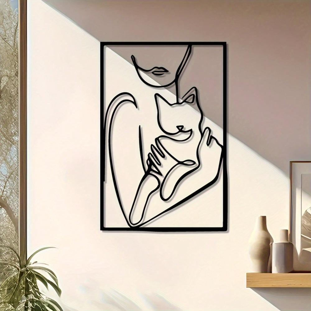 Modern Metal Wall Art Black White Line Art Female Silhouette Holding Cat Framed Square Decor Living Room Bedroom Office