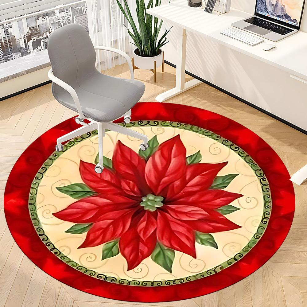 1pc Christmas Poinsettia Chair Carpet for Office, Round Non-Slip Durable Large Size Office Carpet, Suitable for Office, Beautiful Decoration