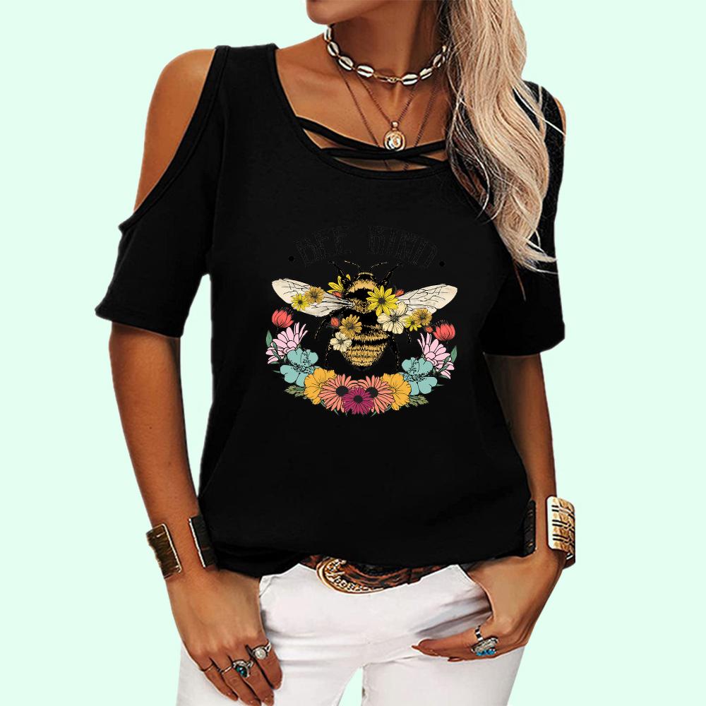 Women Fashion Round Collar Tee Shirt Summer Off Shoulder Short Sleeve Top Ladies Casual Print T-shirt