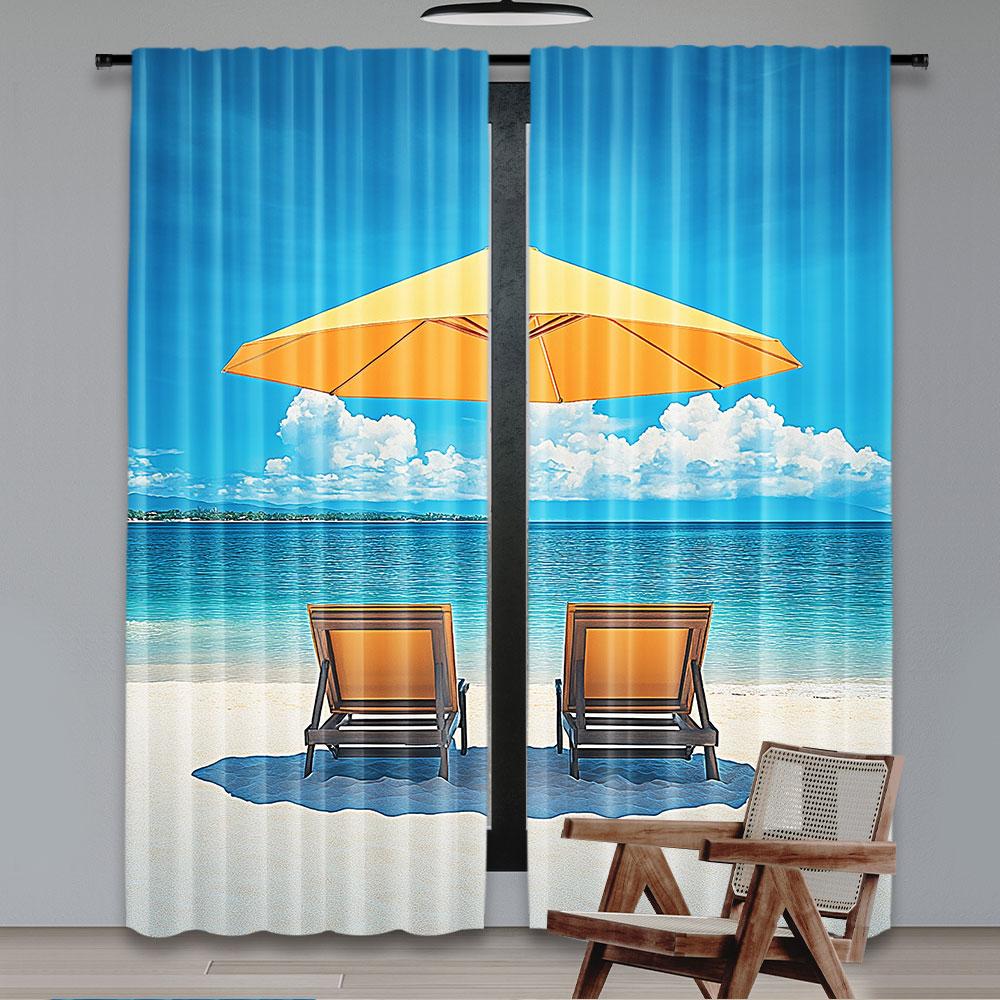 2Pcs Coastal Curtain 2 Chairs And Caribbean Sea Under Umbrella Suitable For Bedroom Bathroom Living Room Dining Room