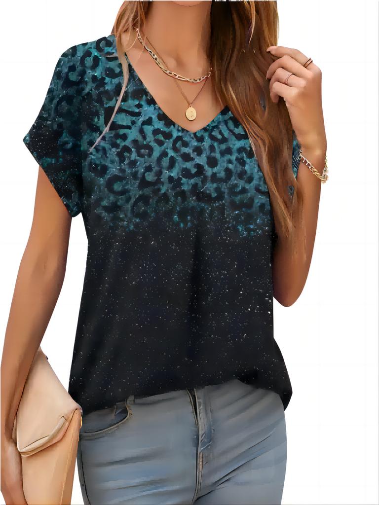 2024 luźna casualowa damska koszulka letnia podstawowa z dekoltem V z krótkim rękawem modna koszulka z cyfrowym nadrukiem 3D top