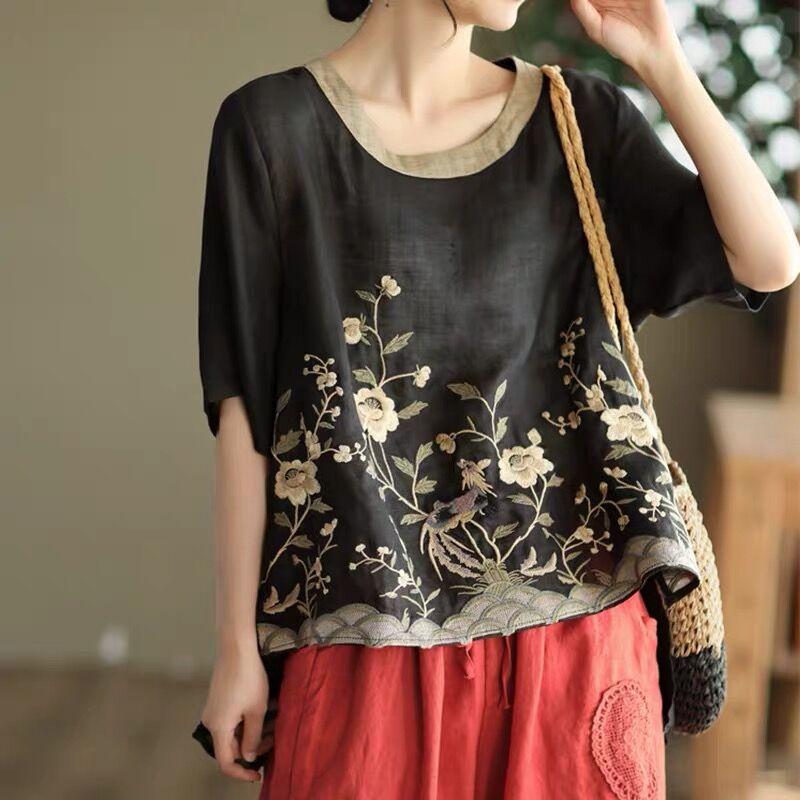 

Summer Retro Loose Heavy Embroidery Flower Cotton Linen Round Neck Short Sleeved T-shirt Women s Top T-Shirts Women’s L