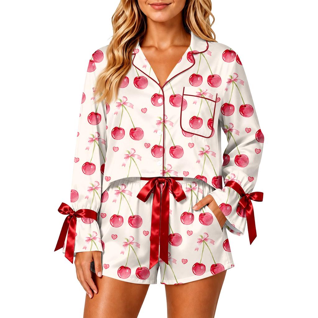Women's Christmas Pajama Set With Button Down Shirt And Shorts, Holiday Sleepwear