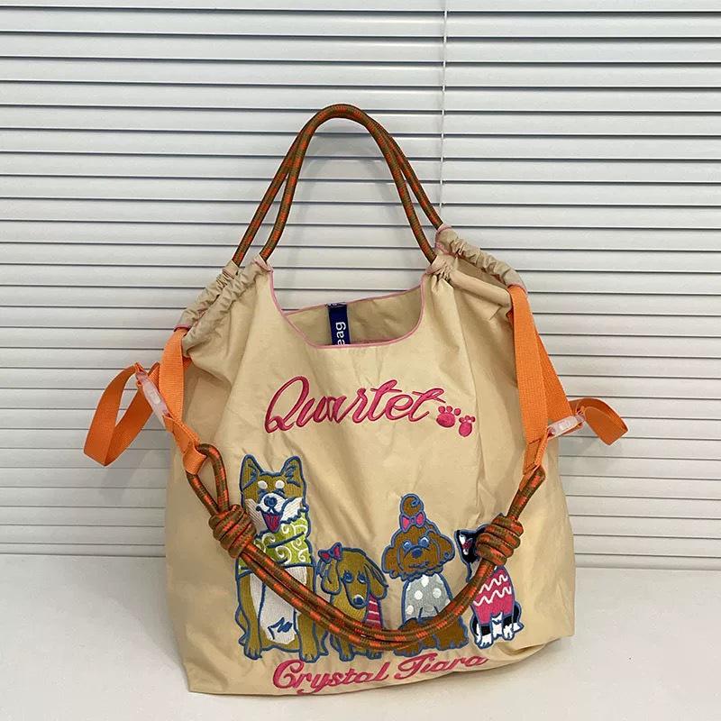 Japanese Style Handmade Waterproof Nylon Canvas Bag with Embroidered Patterns, Large Capacity