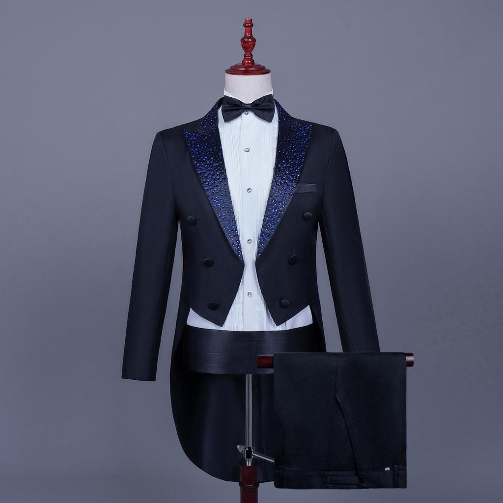 Men's Black and White Rhinestone Tailcoat for Magician, Singer, or Conductor - Formal Performance Wear