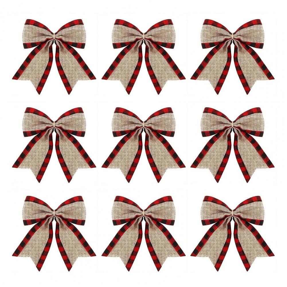 9Pcs Christmas Bows Burlap Plaid Bow Knot Xmas Tree Wreath Bow Decoration Holiday Gift DIY Bows Home Decorations Party Supplies