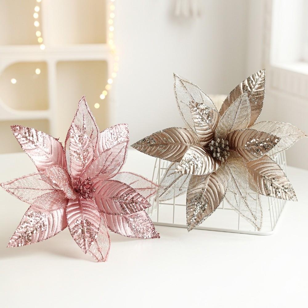 Glitter Artificial Poinsettia Flower 29CM Simulation Flowers Sequins Flower Christmas Decoration