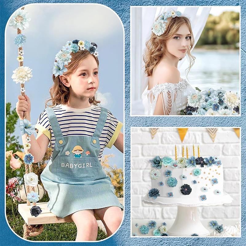25Pcs 4cm Artificial Flower Blue Artificial Dahlia Rose Flower for Wedding Bridal Party Baby Shower Graduation Season Home Decor