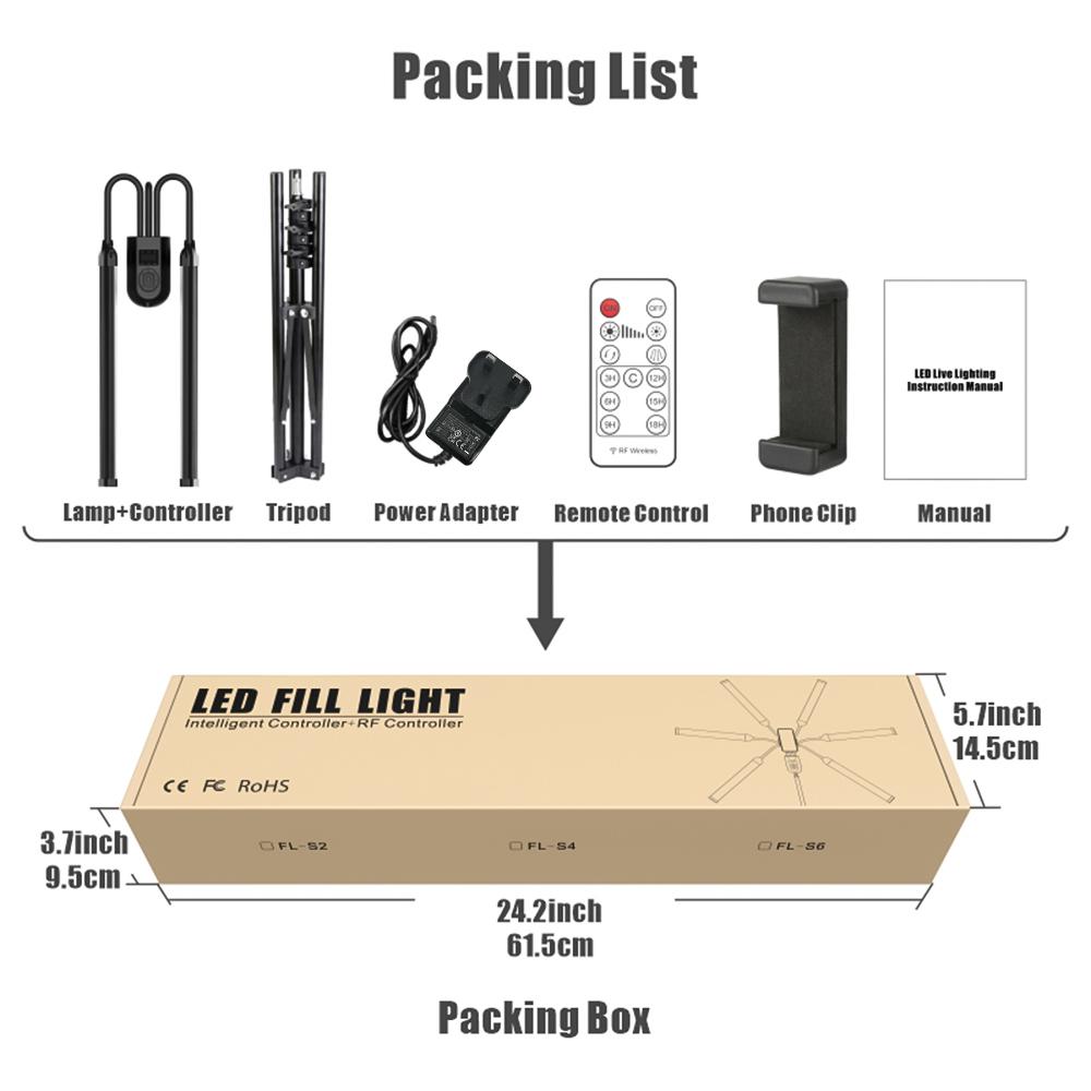 Flexible 2 Arms LED Video Light Photography Fill Light 3000K 4000K 6000K Bi color Dimmable Timer with Phone Holder 1.6M